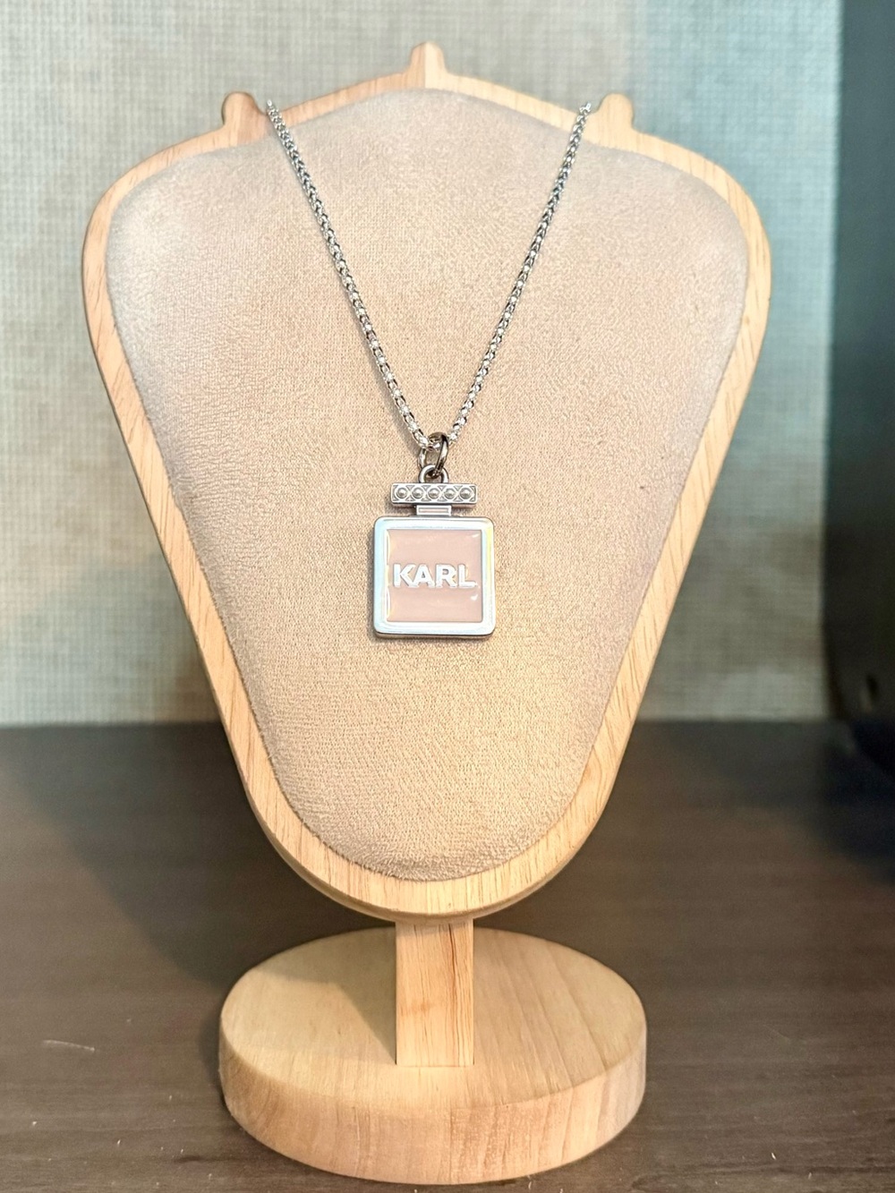 $68.00- Karl Lagerfeld Pink Enamel Perfume Bottle Pendant .925 Sterling Necklace
